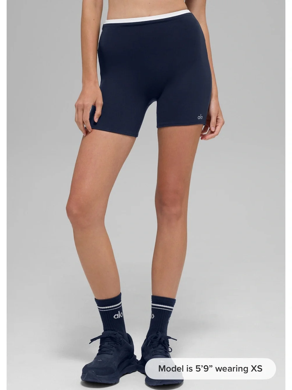 ALO Yoga Navy Bike Shorts with White Waistband